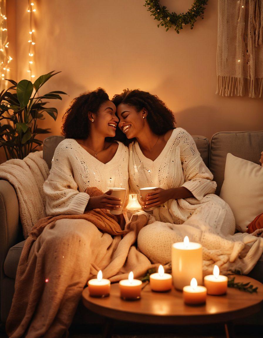 A couple sitting closely on a cozy couch, sharing a moment of laughter, surrounded by soft candlelight and warm colors, with heart-shaped decorations subtly in the background. Include elements like a small table with mugs, a soft throw blanket, and gentle plants to enhance the intimate atmosphere. super-realistic. warm tones. soft focus.