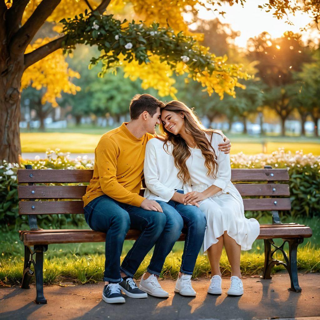 A warm and inviting scene of a loving couple sitting on a park bench, sharing a heartfelt moment under the golden glow of sunset. The background features blooming flowers symbolizing growth in relationships, with soft, intertwined heart shapes subtly integrated into the foliage. A gentle breeze rustles their hair, with a visual emphasis on their genuine smiles and warm expressions. The entire atmosphere radiates love and connection. super-realistic. vibrant colors. soft focus.