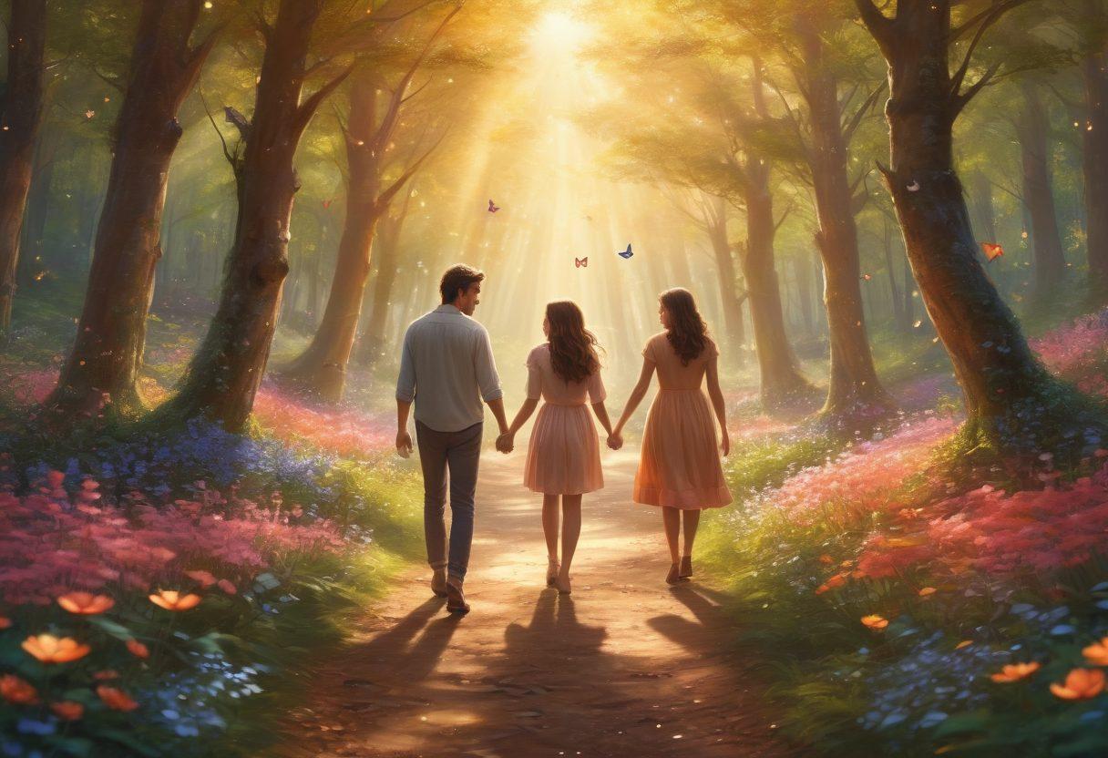 A couple walking hand in hand through a whimsical forest, surrounded by blooming flowers and butterflies, each flower representing heartfelt emotions. The sunlight filters through the leaves, casting a warm glow on their happy faces. An ethereal trail of sparkles follows them, symbolizing love and affection. super-realistic. vibrant colors. mystical atmosphere.